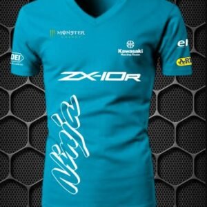 kawasaki ninja with monster energy logo riding men’s short sleeve blue t shirt nitroswag (v neck) (l,xl)
