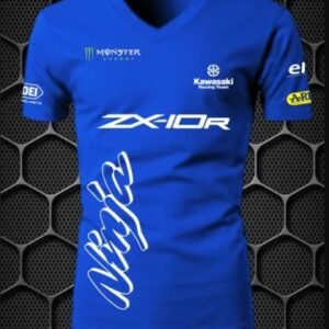 kawasaki ninja with monster energy logo riding men’s short sleeve blue t shirt nitroswag (v neck) (l,xl)