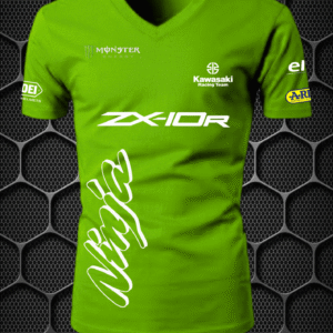 kawasaki ninja with monster energy logo riding men’s short sleeve green t shirt nitroswag (v neck) (l,xl)